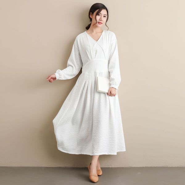 Women Modern Style Long Sleeved Wrinkle Linen and Fibre Dress