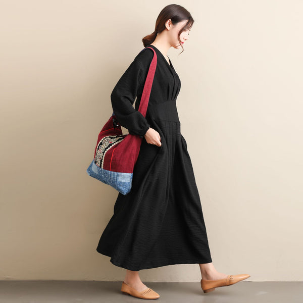 Women Modern Style Long Sleeved Wrinkle Linen and Fibre Dress