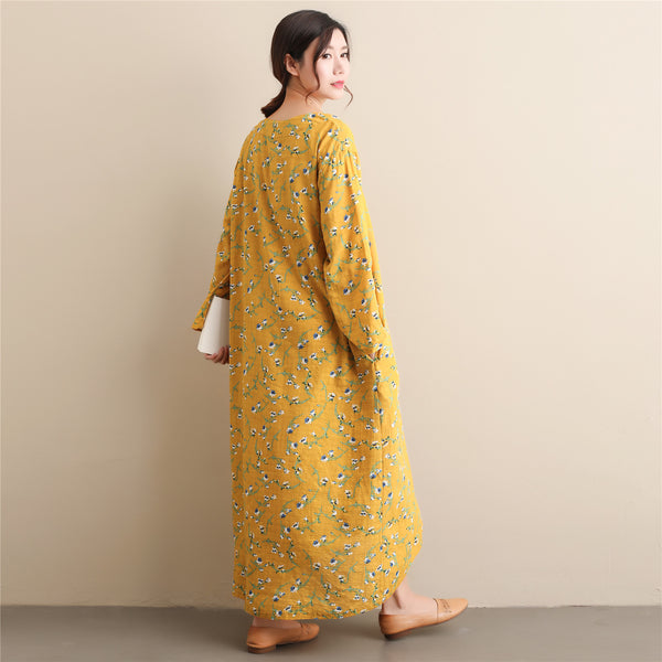 Women Simple Style Small Flower Printed Long Sleeved Linen and Cotton Thin Dress