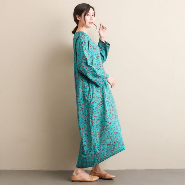 Women Simple Style Small Flower Printed Long Sleeved Linen and Cotton Thin Dress