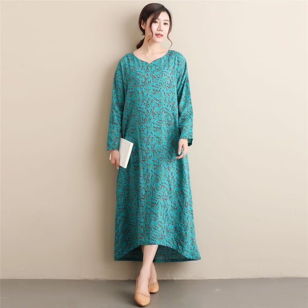 Women Simple Style Small Flower Printed Long Sleeved Linen and Cotton Thin Dress