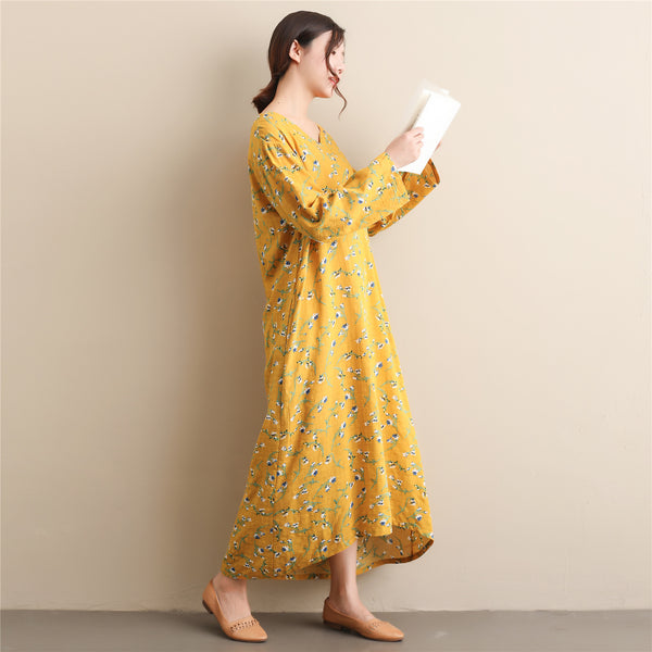Women Simple Style Small Flower Printed Long Sleeved Linen and Cotton Thin Dress
