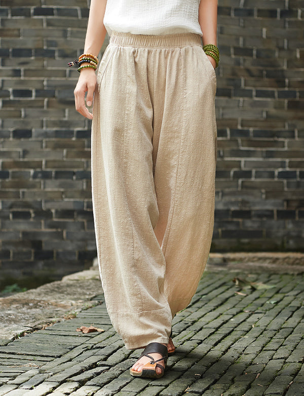 Women Retro Style Water-washed Linen and Cotton Lantern Pants