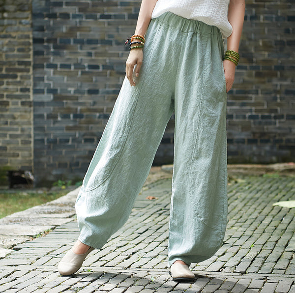 Women Retro Style Water-washed Linen and Cotton Lantern Pants
