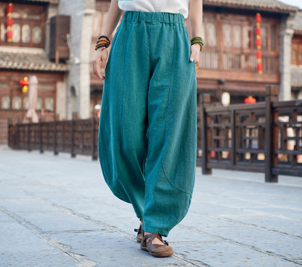 Women Retro Style Water-washed Linen and Cotton Lantern Pants