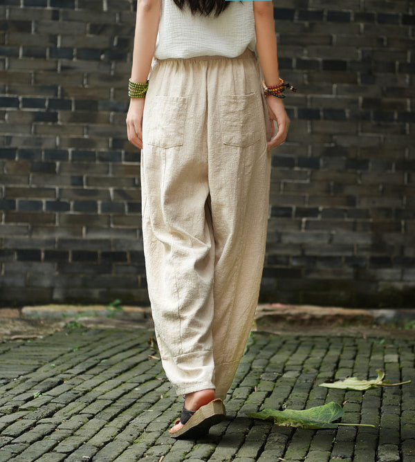 Women Retro Style Water-washed Linen and Cotton Lantern Pants