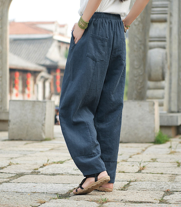 Women Retro Style Water-washed Linen and Cotton Lantern Pants