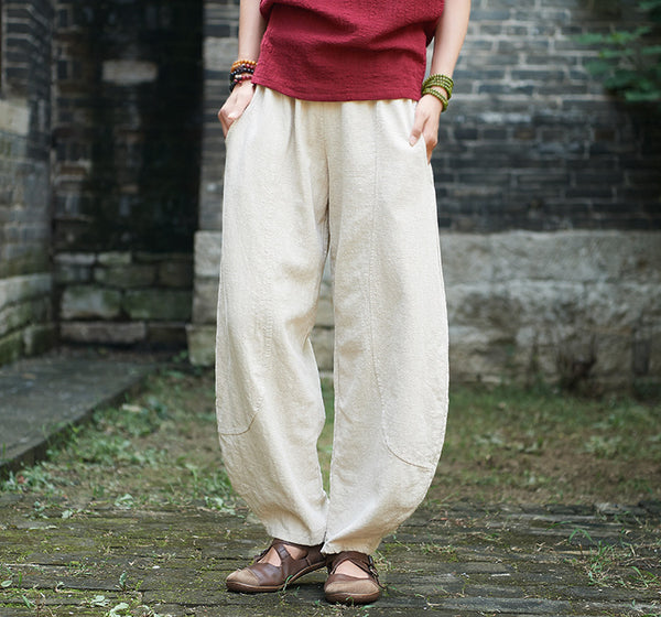 Women Retro Style Water-washed Linen and Cotton Lantern Pants