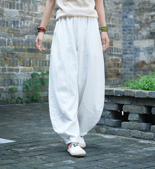 Women Retro Style Water-washed Linen and Cotton Lantern Pants