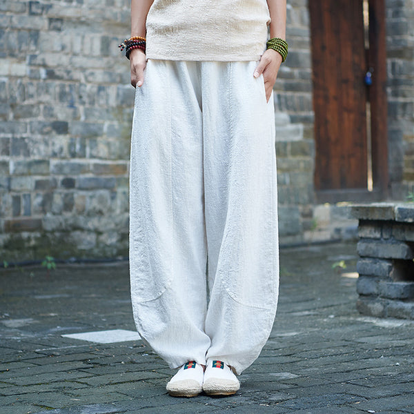 Women Retro Style Water-washed Linen and Cotton Lantern Pants