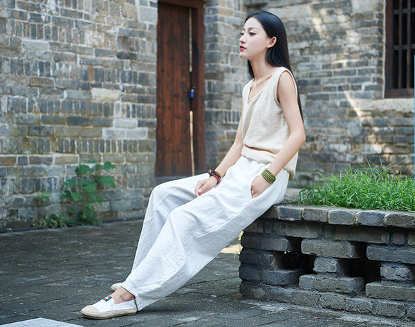 Women Retro Style Water-washed Linen and Cotton Lantern Pants