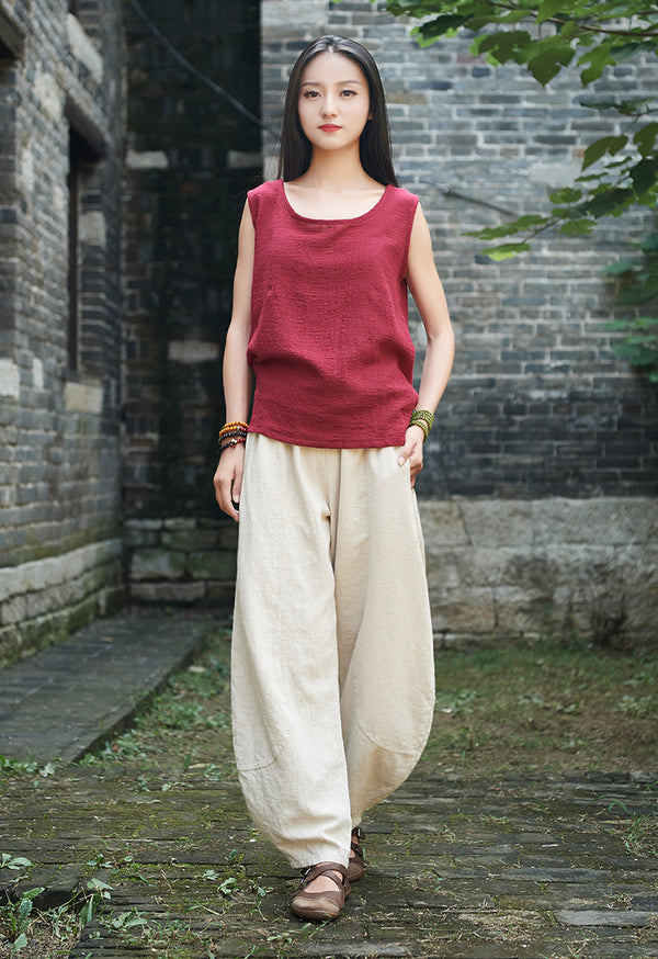 Women Retro Style Water-washed Linen and Cotton Lantern Pants