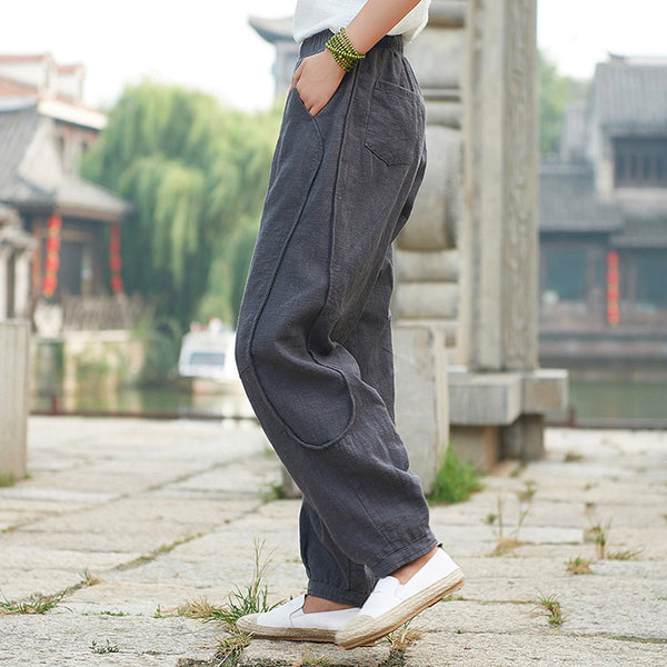 Women Retro Style Water-washed Linen and Cotton Straight Pants
