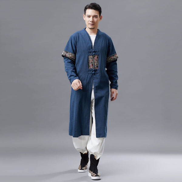 Men Asian Style Double-layered Linen and Cotton Long Coat