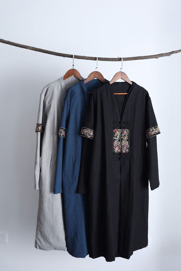 Men Asian Style Double-layered Linen and Cotton Long Coat
