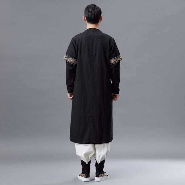 Men Asian Style Double-layered Linen and Cotton Long Coat