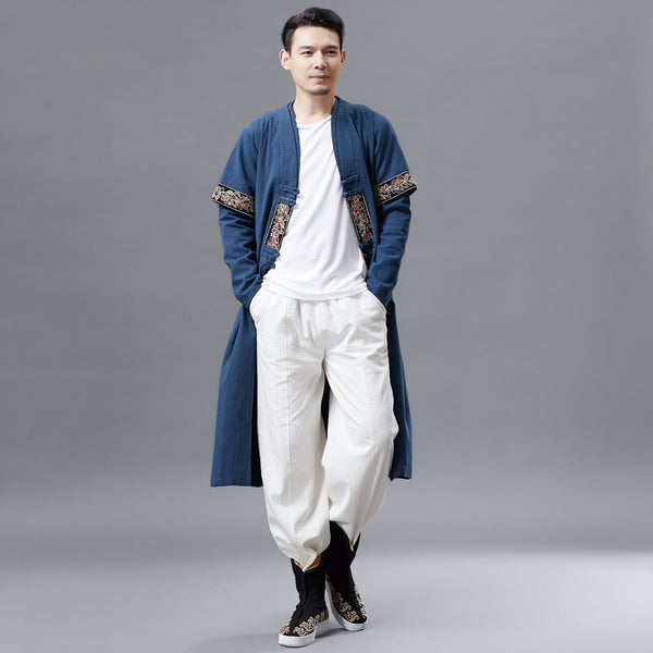 Men Asian Style Double-layered Linen and Cotton Long Coat