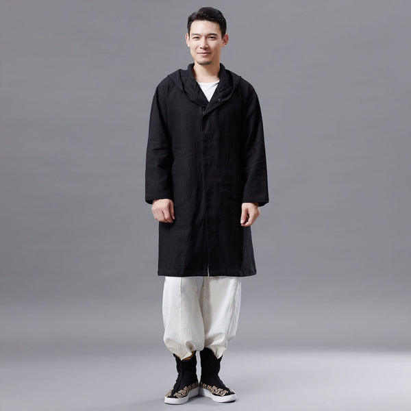 Men Linen and Cotton Middle Length Coat Hoodie