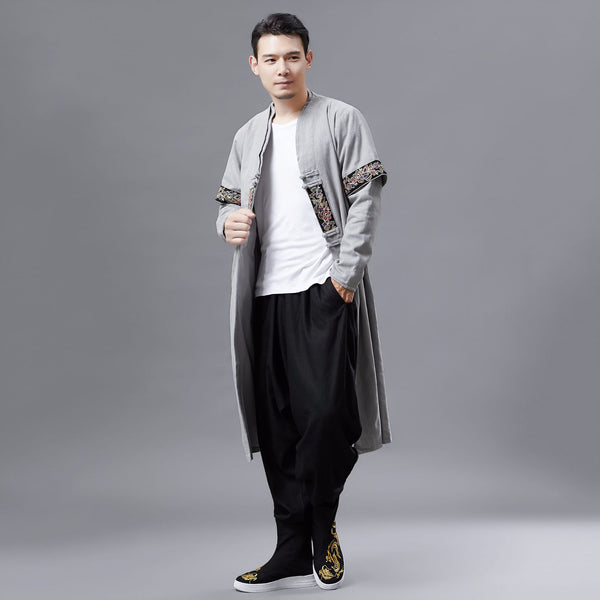 Men Asian Style Double-layered Linen and Cotton Long Coat