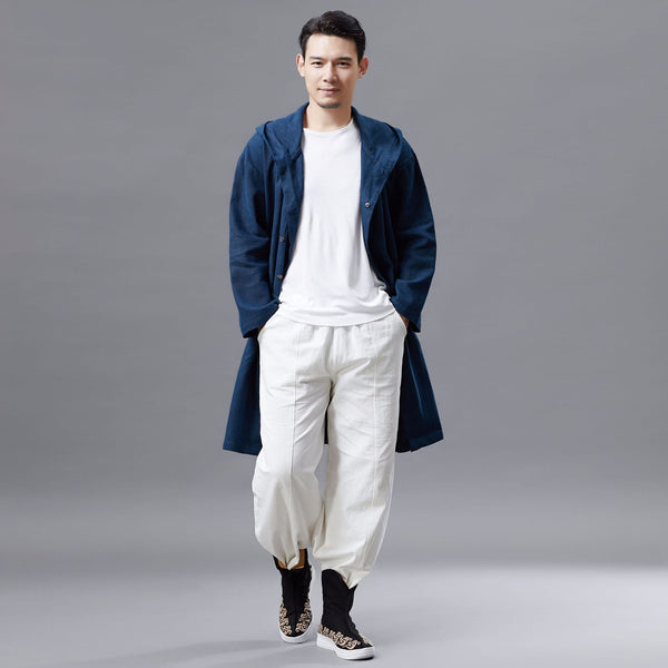 Men Linen and Cotton Middle Length Coat Hoodie