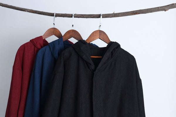 Men Linen and Cotton Middle Length Coat Hoodie
