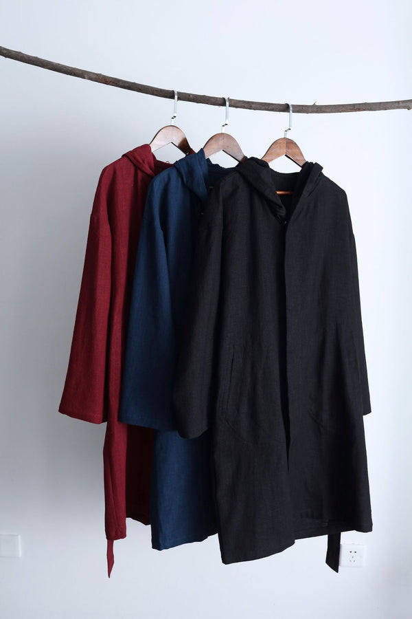 Men Linen and Cotton Middle Length Coat Hoodie