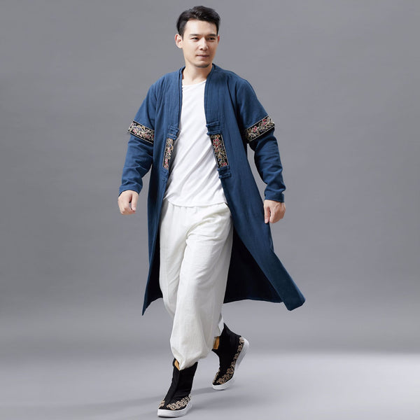 Men Asian Style Double-layered Linen and Cotton Long Coat
