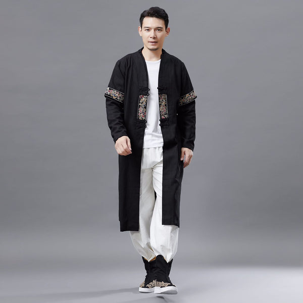Men Asian Style Double-layered Linen and Cotton Long Coat