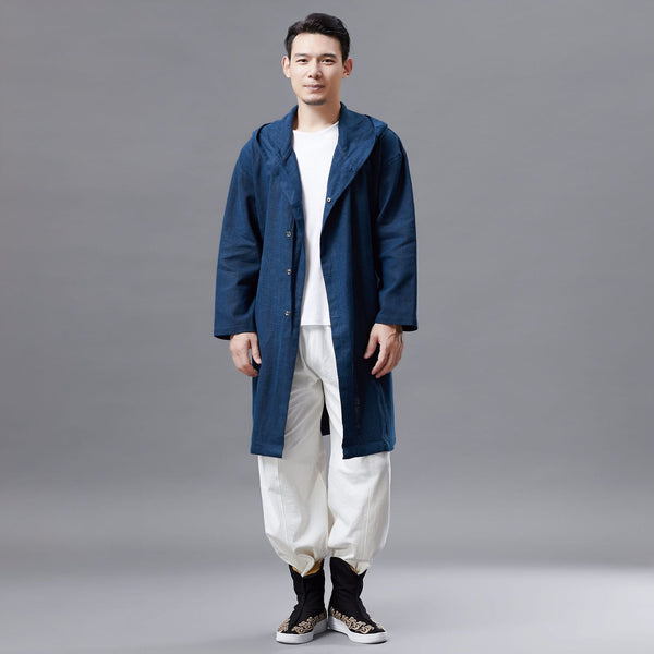 Men Linen and Cotton Middle Length Coat Hoodie