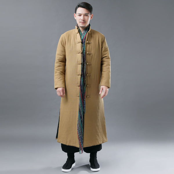 Men Asian Style Linen and Cotton Long Quilt Coat