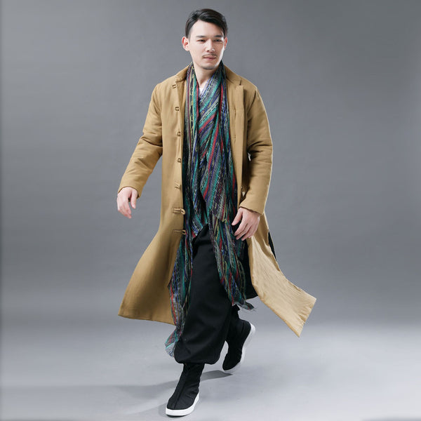 Men Asian Style Linen and Cotton Long Quilt Coat