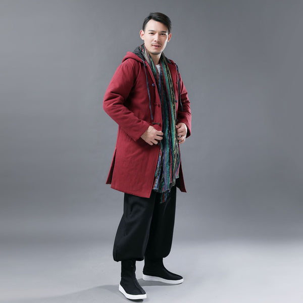 Men Colorful button Linen and Cotton Middle Length Coat Hoodie