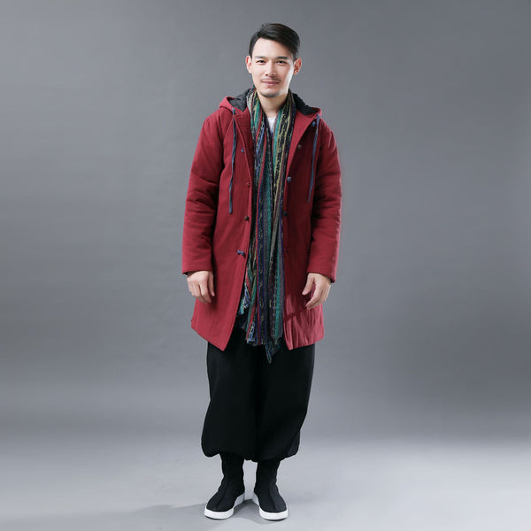 Men Colorful button Linen and Cotton Middle Length Coat Hoodie