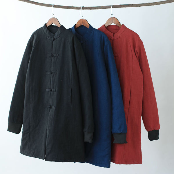 Men Asian KungFu Style Middle Length Linen and Cotton Quilted Coat