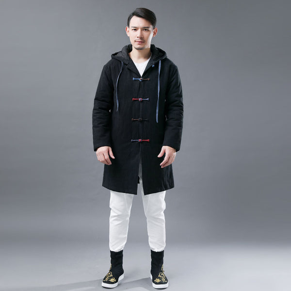 Men Colorful button Linen and Cotton Middle Length Coat Hoodie