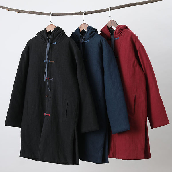 Men Colorful button Linen and Cotton Middle Length Coat Hoodie
