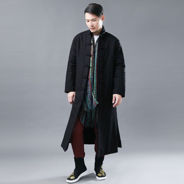 Men Asian Style Linen and Cotton Long Quilt Coat