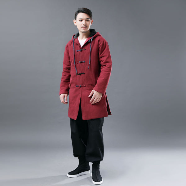 Men Colorful button Linen and Cotton Middle Length Coat Hoodie