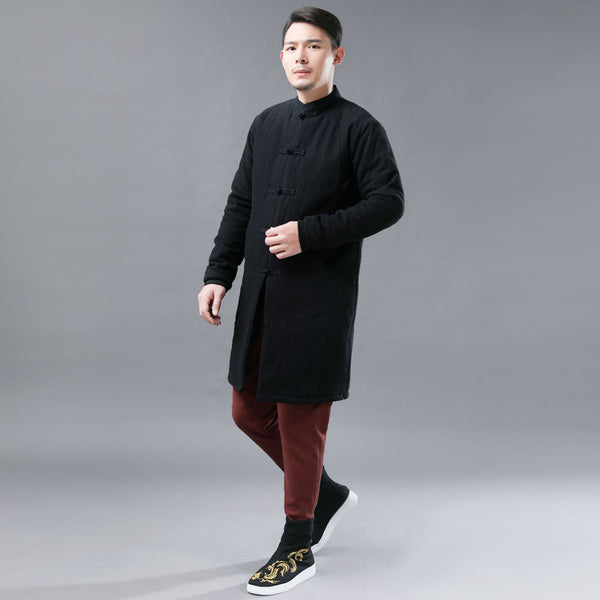 Men Asian KungFu Style Middle Length Linen and Cotton Quilted Coat