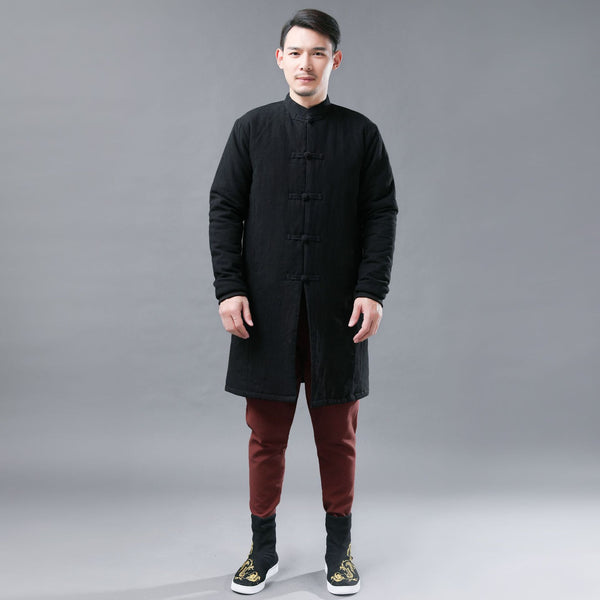 Men Asian KungFu Style Middle Length Linen and Cotton Quilted Coat