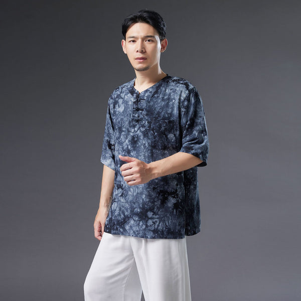 Men Causal Style Linen and Cotton Short Sleeve Dyed Color Tops
