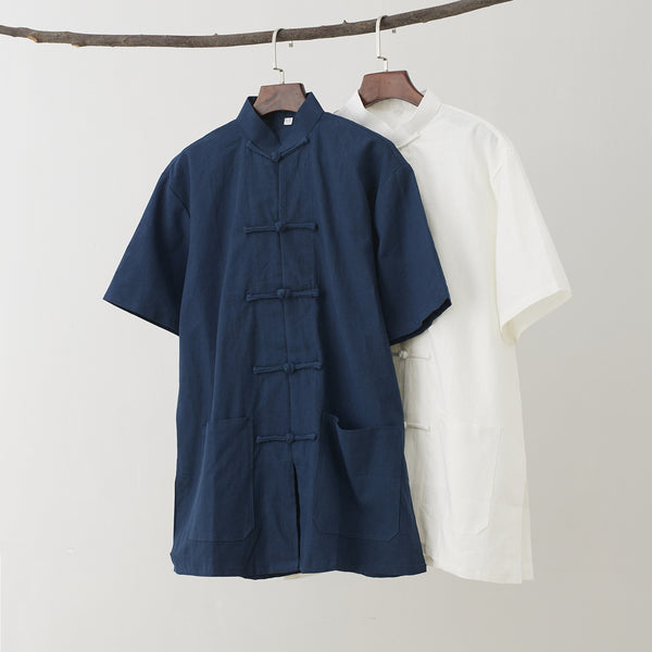 Men Retro Style Linen and Cotton Short Sleeve Pure Color Cardigan Shirts
