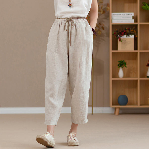 2022 Summer NEW! Women Retro Style Linen and Cotton Waist Belt Cropped Pegged Pants