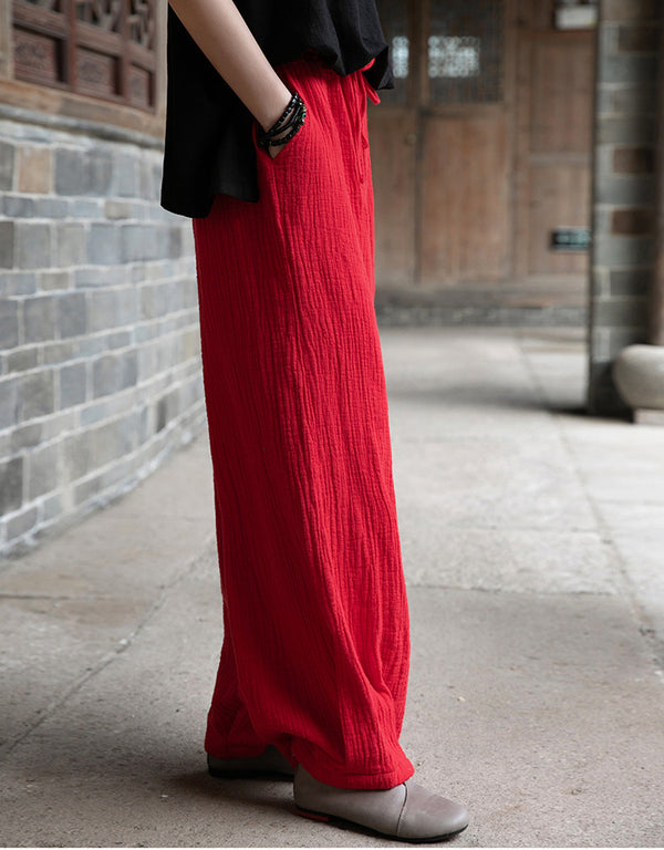 Women Retro Causal Lantern Style Linen and Cotton Wrinkle Pants