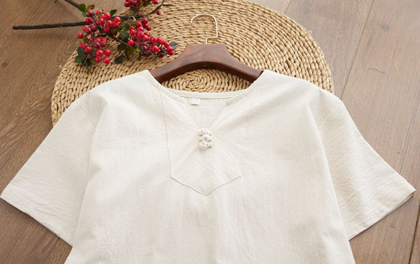 Men Causal Style V Neck Buckle Linen and Cotton Short Sleeve Tops