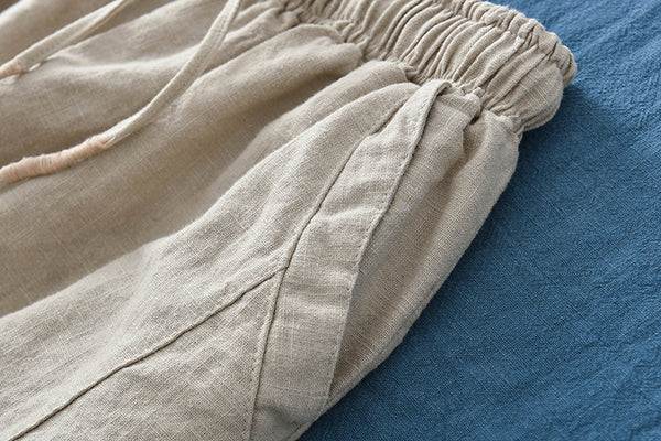 Women Linen and Cotton Causal Loose Cropped Drawstring Capris