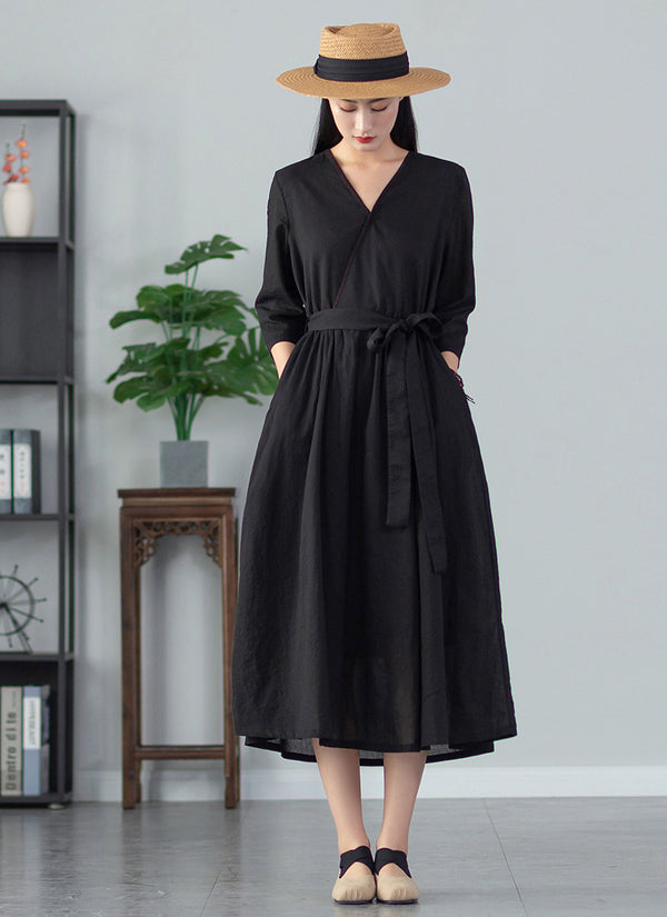 2022 Summer NEW! Women Loose Linen and Cotton V-Necked Middle Sleeve Maxi Dress