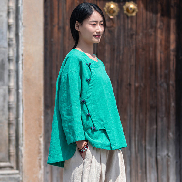 2022 Summer NEW! Women Chinese Ethnic Style Wrinkled Linen and Cotton Bracelet Sleeves Shirt