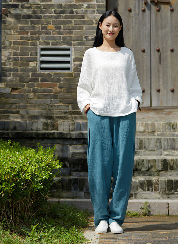 2021 Autumn NEW! Women Simple Loose Style Linen and Cotton Pure Color Round Neck T-Shirt