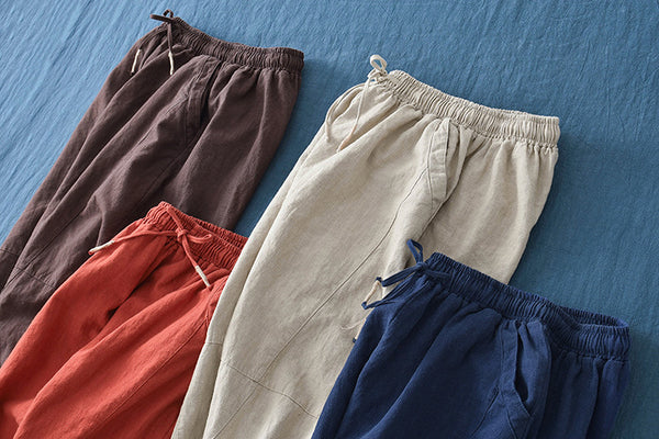 Women Linen and Cotton Causal Loose Cropped Drawstring Capris